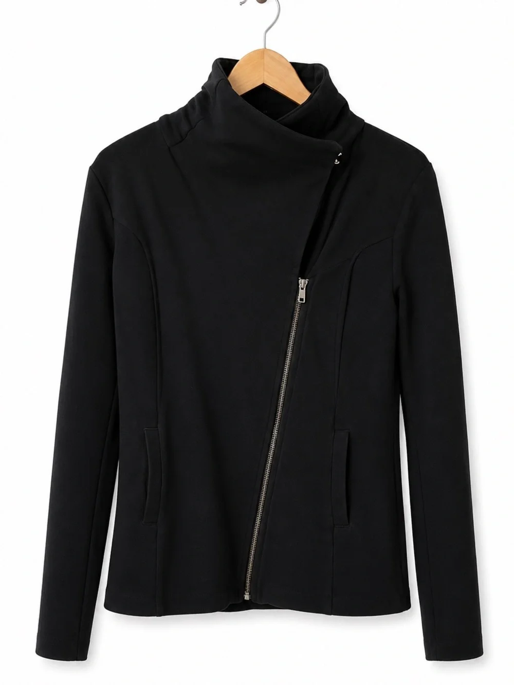 EcoSkin Black Asymmetrical Zip Jacket Convertible Cowl Neck Ponte M